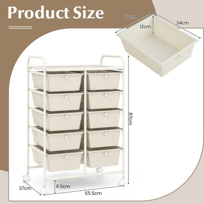 Storage Rolling Cart with 10-Drawer for Tools Scrapbook Paper Organising-White