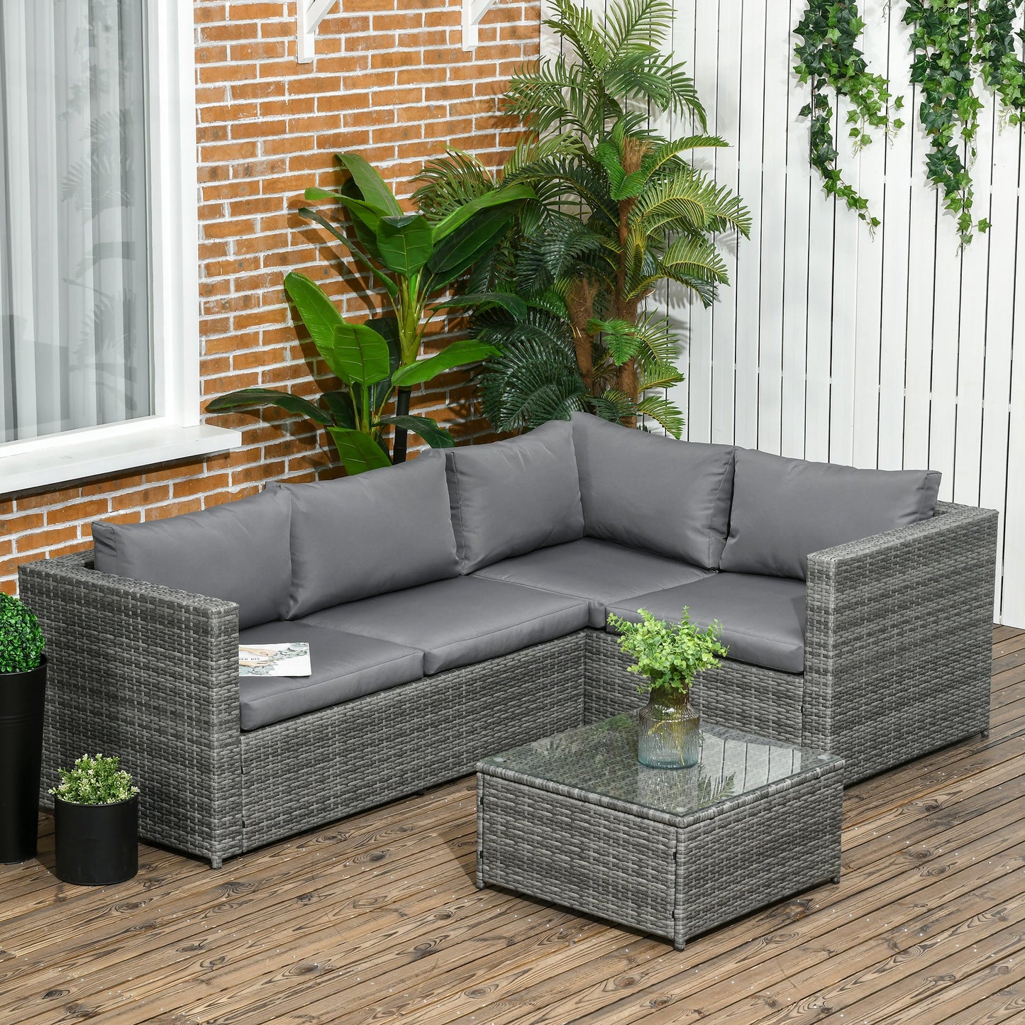 Outsunny 3 Pieces PE Rattan Garden Furniture Set with 10cm Thick Cushions, 4 Seater Outdoor Patio Corner Sofa Set with Glass Top Coffee Table, Grey