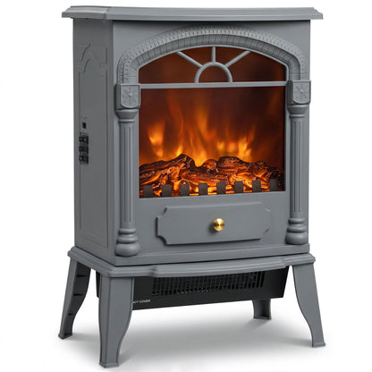 HOMCOM Freestanding Portable Fireplace, Electric Fireplace Stove Heater with 3D Flame Effect and Adjustable Thermostat, Grey
