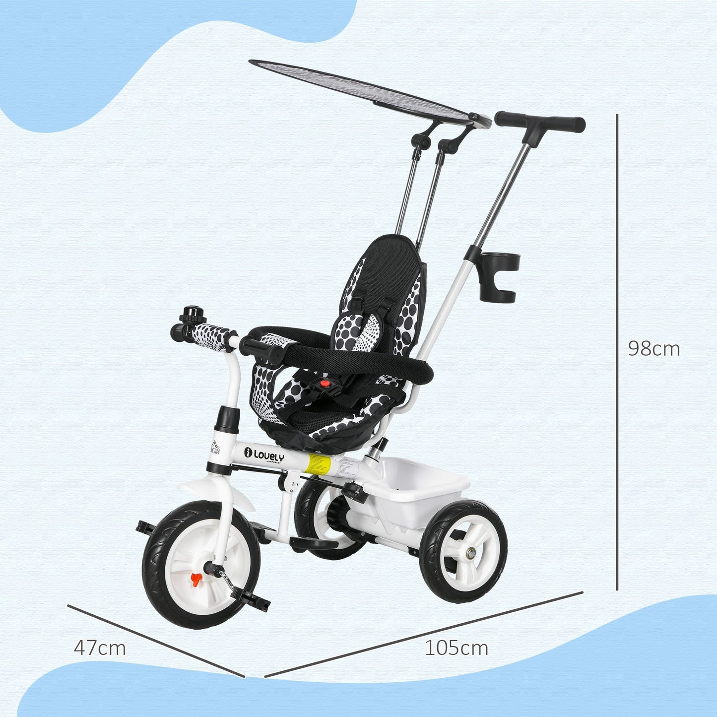 4 in 1 Tricycle for Kids with 5-point harness straps, Removable Canopy, White