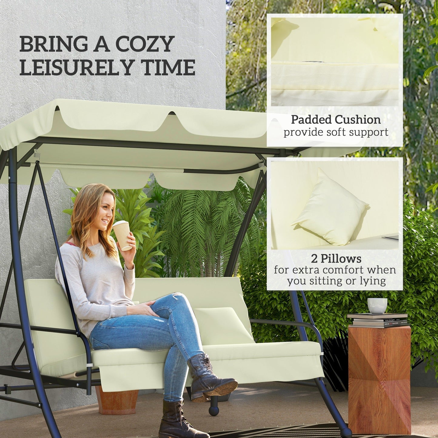 Outsunny 3 Seater Garden Swing Chair with Tilting Canopy - Cream White