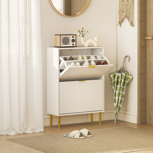 HOMCOM Narrow Shoe Cabinet with 2 Flip Drawers - White