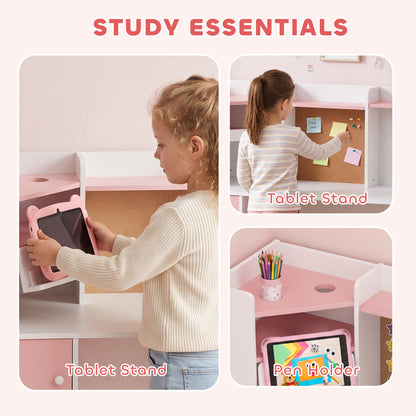 AIYAPLAY Kids Desk and Chair Set Storage Shelves Kids Desk Adjustable Tablet Stand Cork Board Pen Holder Pink