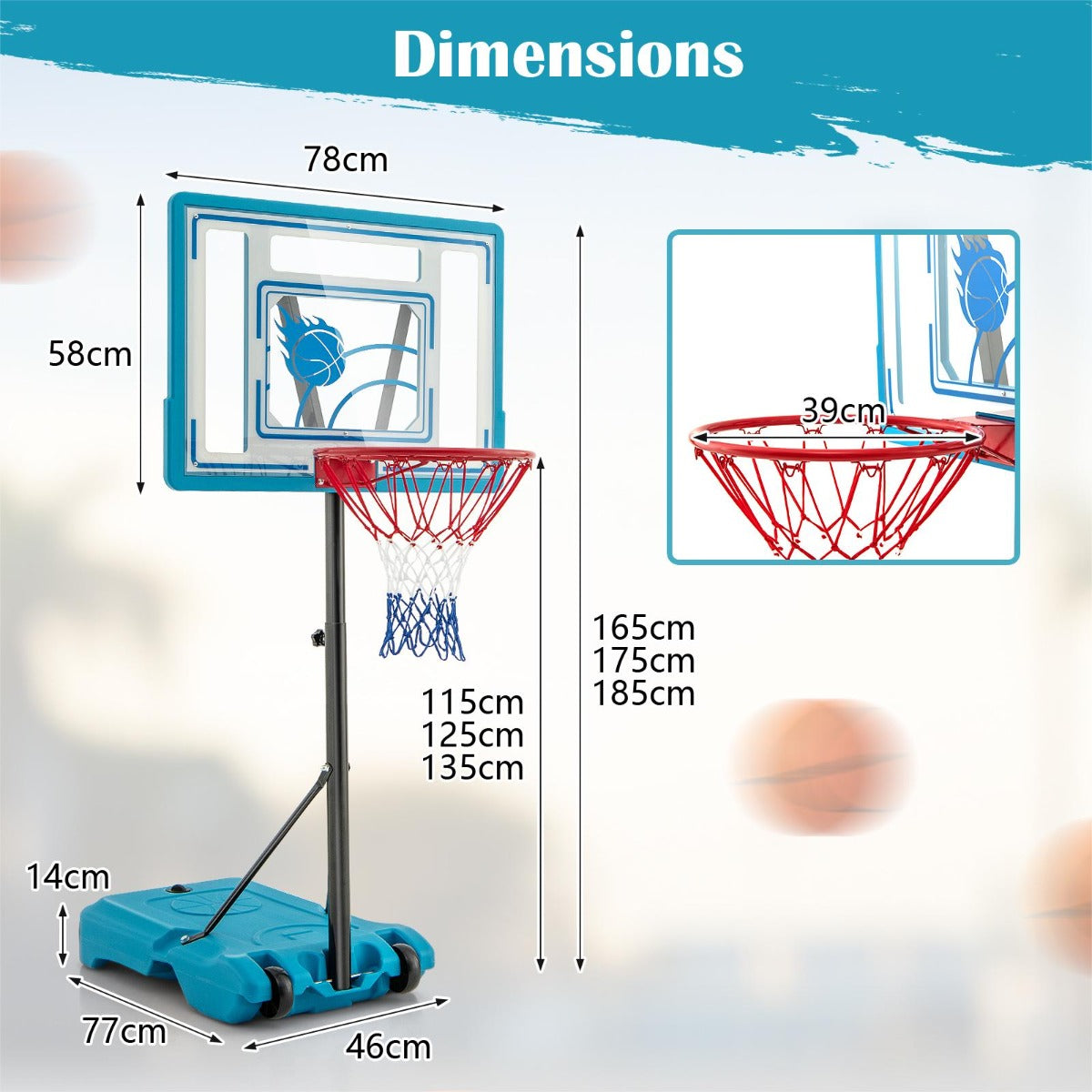 Swimming Pool Basketball Hoop Adjustable with Fillable Base and Wheels-Blue