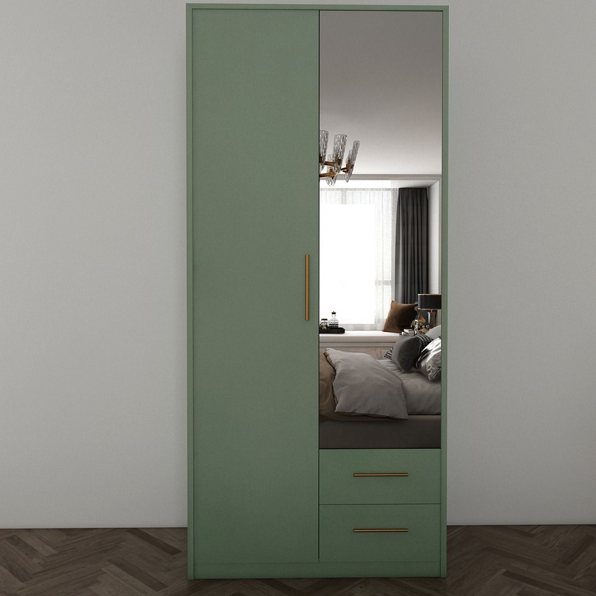 WINSTEAD 2 Door Mirrored Wardrobe Dark Green 90cm