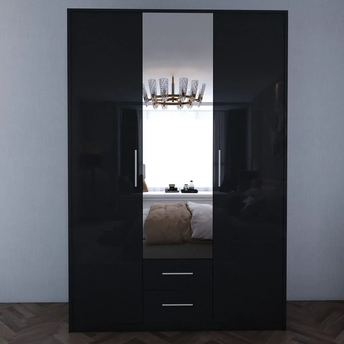 WINSTEAD 3 Door Mirrored Wardrobe Black 120cm
