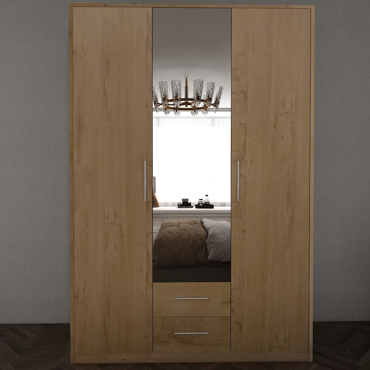 WINSTEAD 3 Door Mirrored Wardrobe Planked Oak 120cm