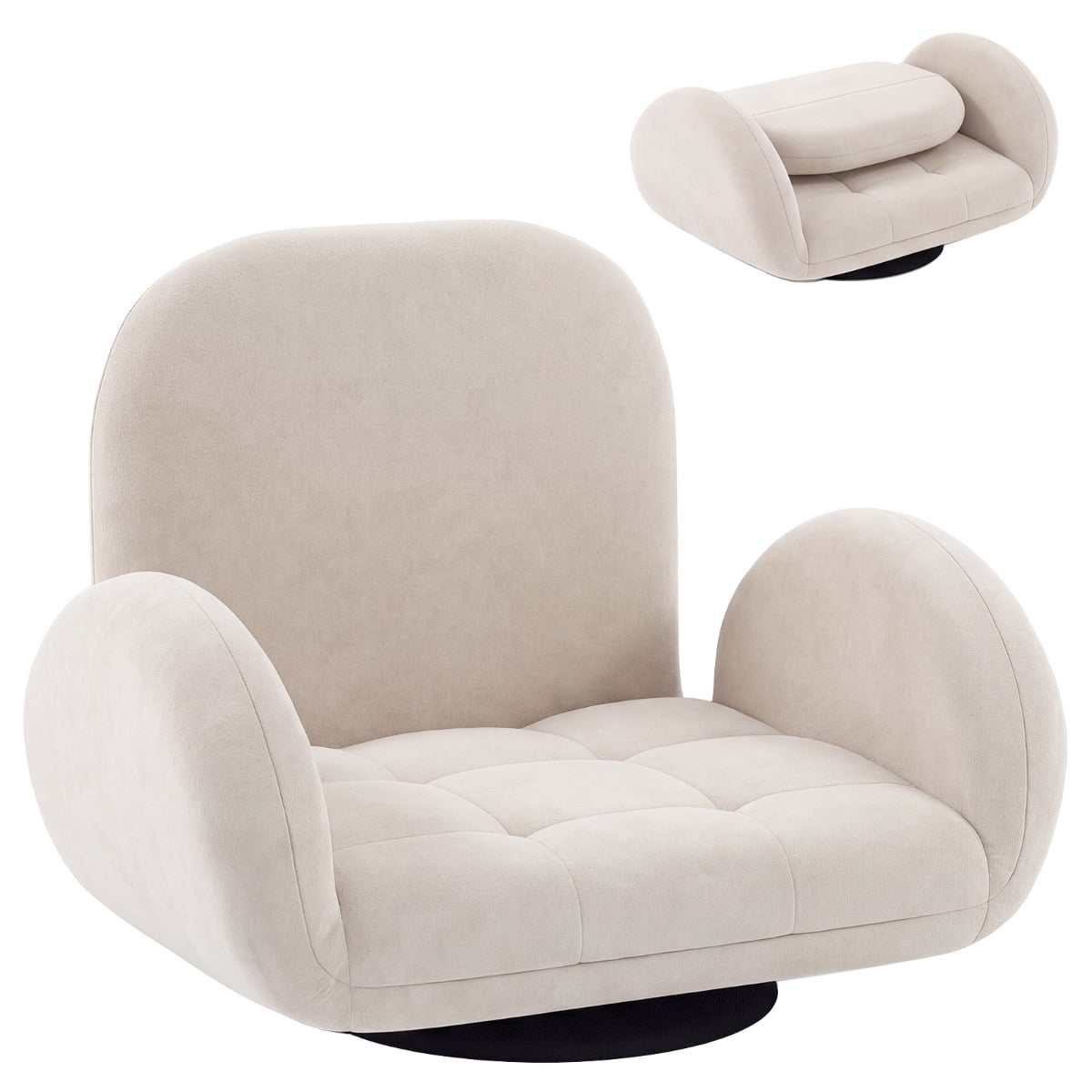 Swivel Floor Chair with Adjustable Backrest and Armrests-Beige