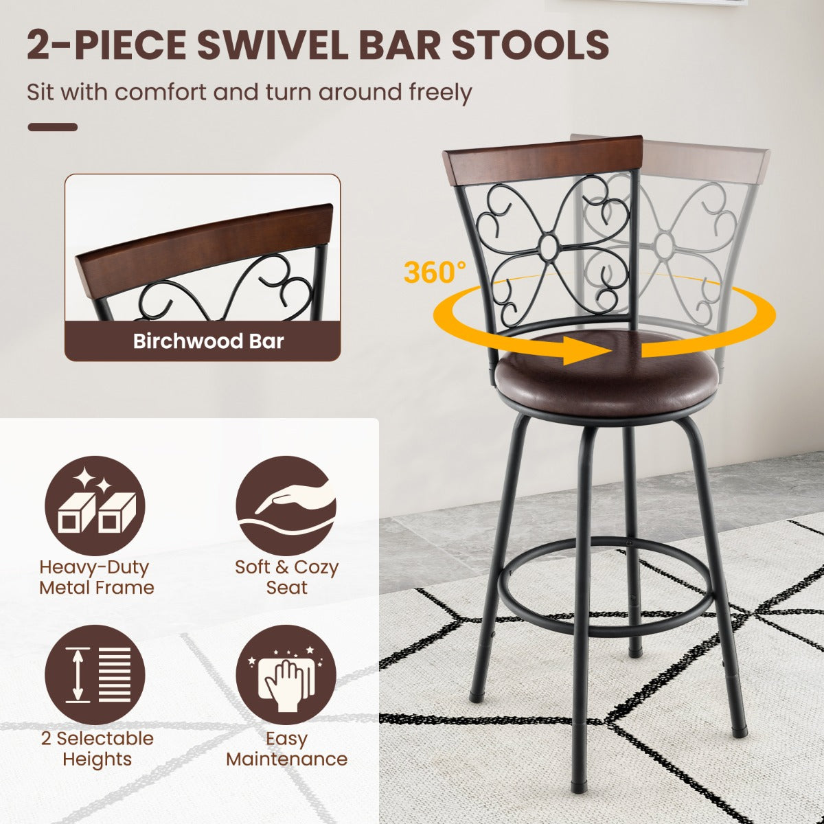 Swivel Bar Stool Set of 2 with Adjustable Height, Cozy Seat and Backrest