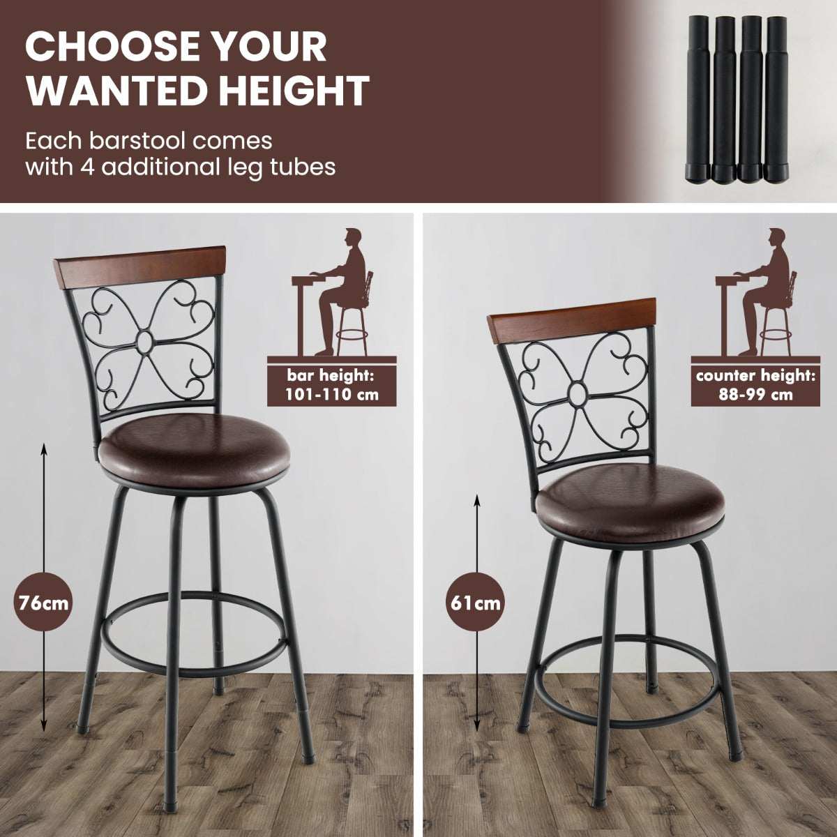 Swivel Bar Stool Set of 2 with Adjustable Height, Cozy Seat and Backrest