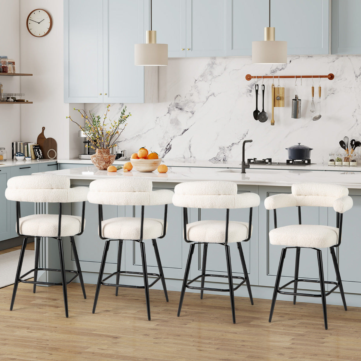 Swivel Bar Stool Set of 2 Counter Height Chairs with Curved Back-White