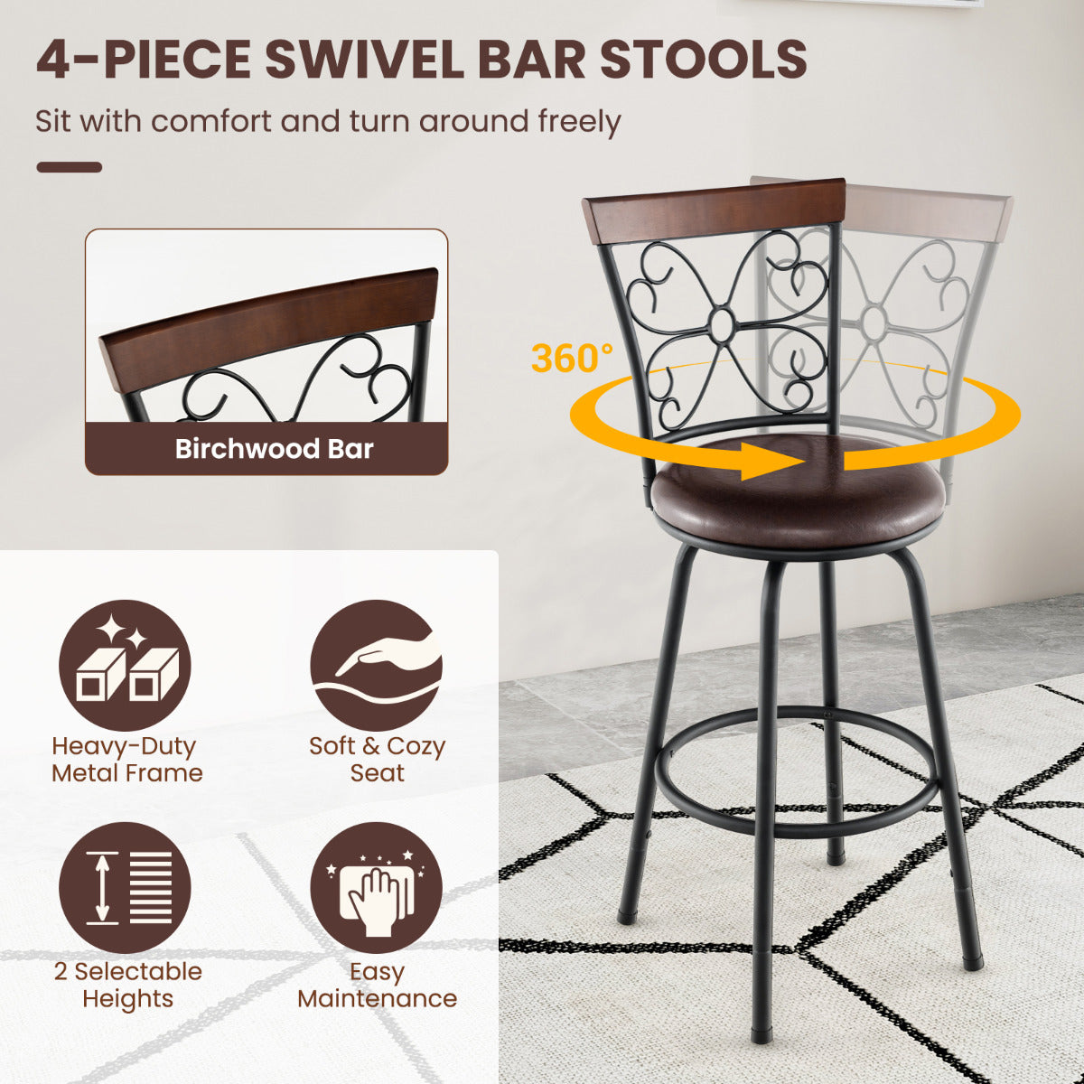 Swivel Bar Stool Set of 4 with Cozy Seat and Backrest