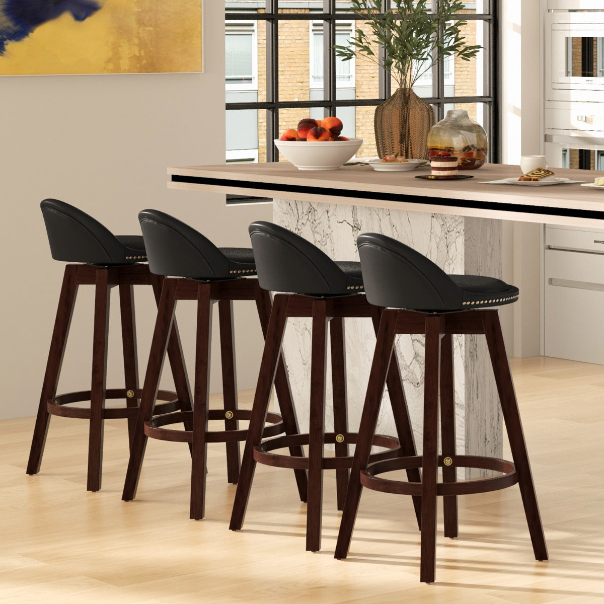 Swivel Bar Stool Set of 4 with Low Back and Rubber Wood Legs