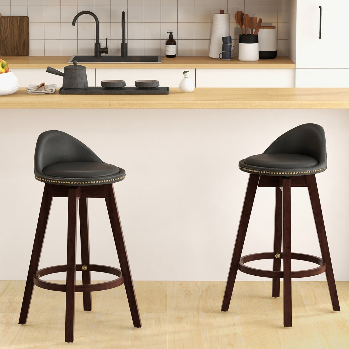 Swivel Bar Stool Set of 4 with Low Back and Rubber Wood Legs