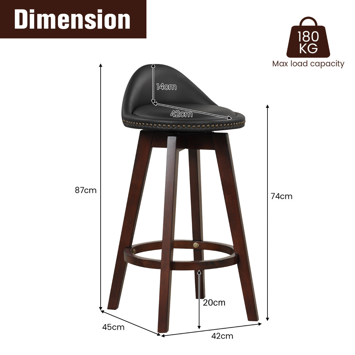 Swivel Bar Stool Set of 4 with Low Back and Rubber Wood Legs