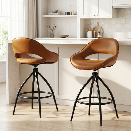 Swivel Bar Stools Set of 2 Counter Height Barstools with Backrest and Footrest-Brown