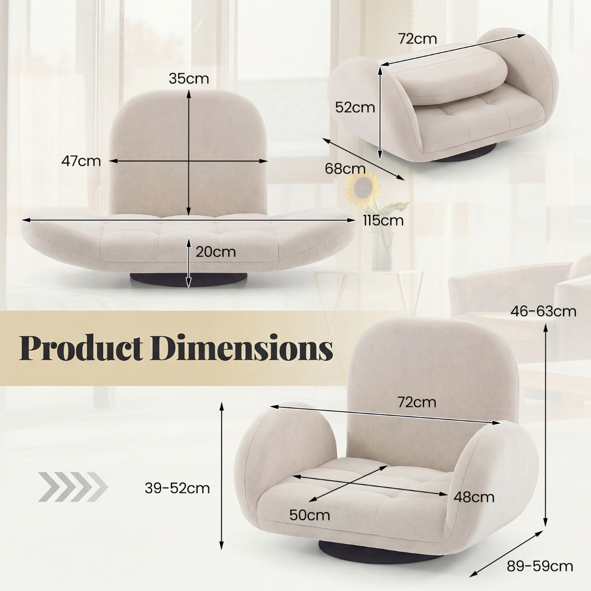 Swivel Floor Chair with Adjustable Backrest and Armrests-Beige