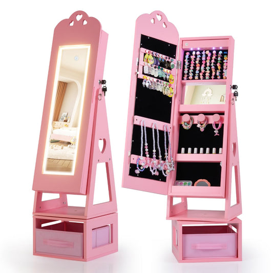 Swivel Kids Jewelry Cabinet with Full-Length Mirror and Lights-Pink