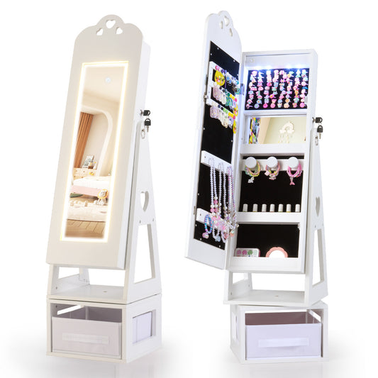 Swivel Kids Jewelry Cabinet with Full-Length Mirror and Lights-White