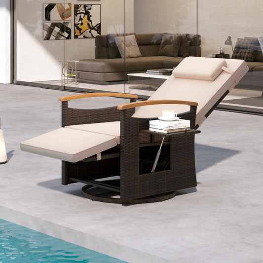 Outdoor 360¬∞ Swivel Rattan Recliner Chair with Adjustable Backrest and Footrest-Brown