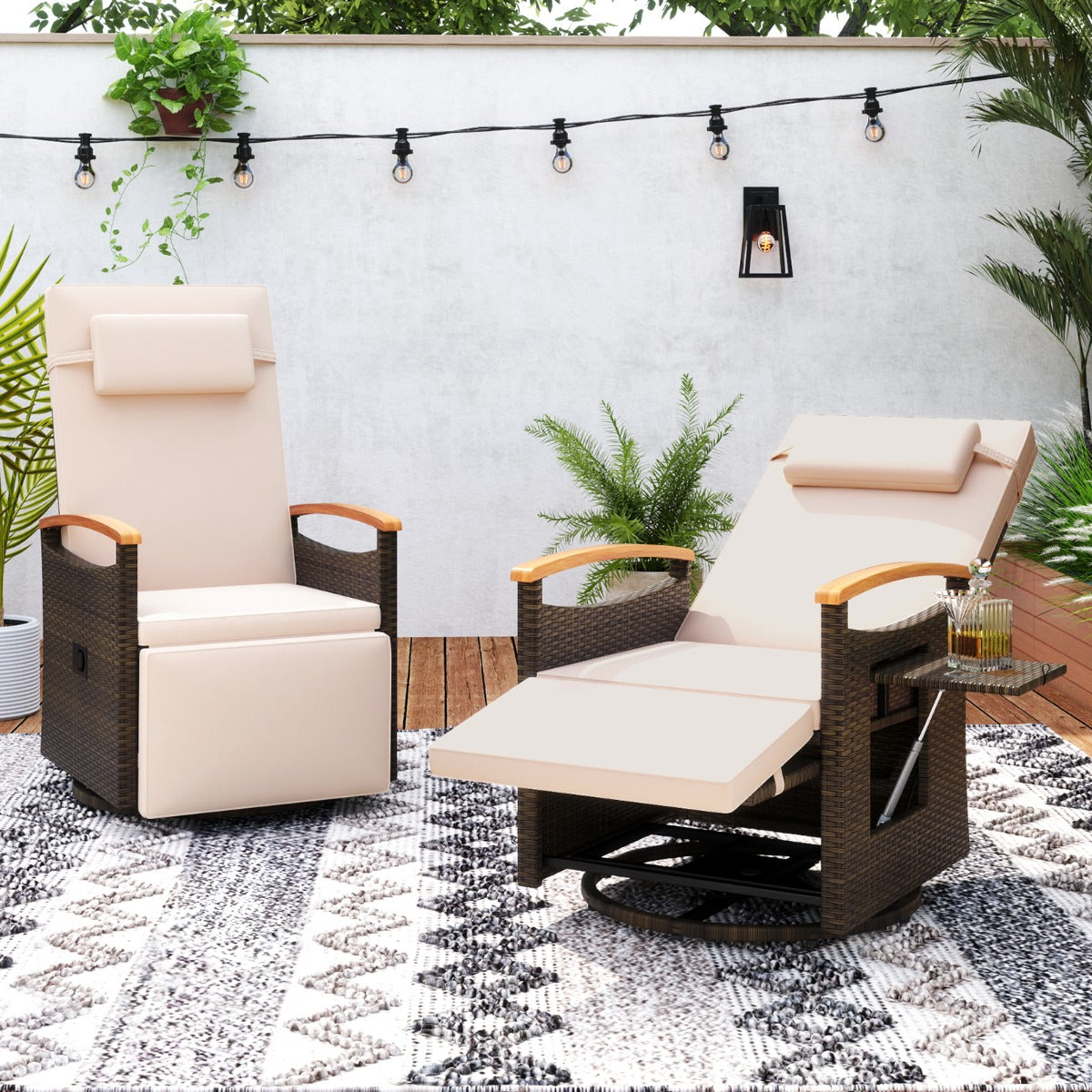 Outdoor 360¬∞ Swivel Rattan Recliner Chair with Adjustable Backrest and Footrest-Brown