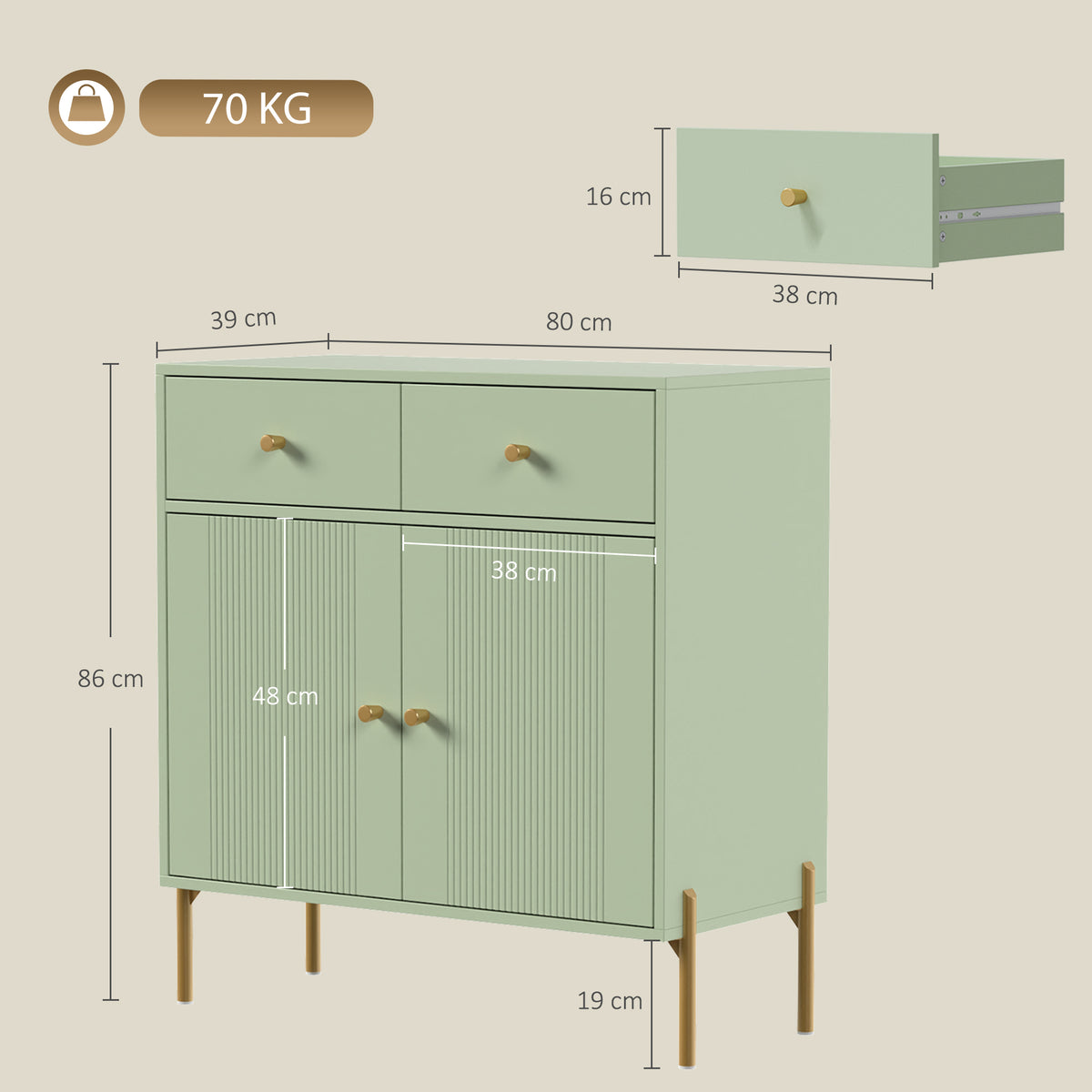 HOMCOM Modern Sideboard, Sideboard Storage Cabinet with 2 Drawers and Adjustable Shelf for Living Room, Light Green