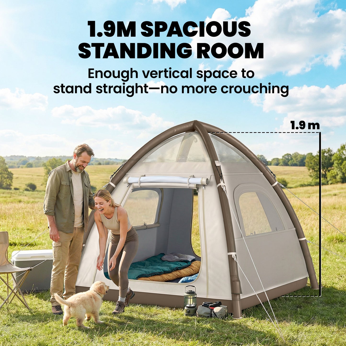 Outsunny Inflatable Camping Tent with Rainfly, 3 Man Air Tent 3000mm Waterproof Blow Up Tents, Cream