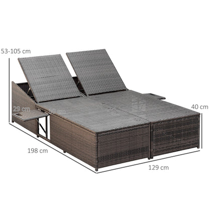 Outsunny Double Rattan Sun Lounger, Garden Daybed with 5-Level Adjustable Backrest and Flip Side Trays, Wicker Outdoor Furniture Recliner with Cushions and Pillows for Patio, Cream White