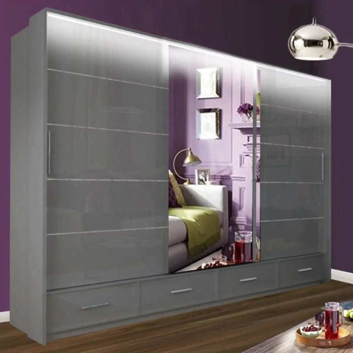 Cecilia Large High Gloss Grey Sliding Wardrobe 250cm