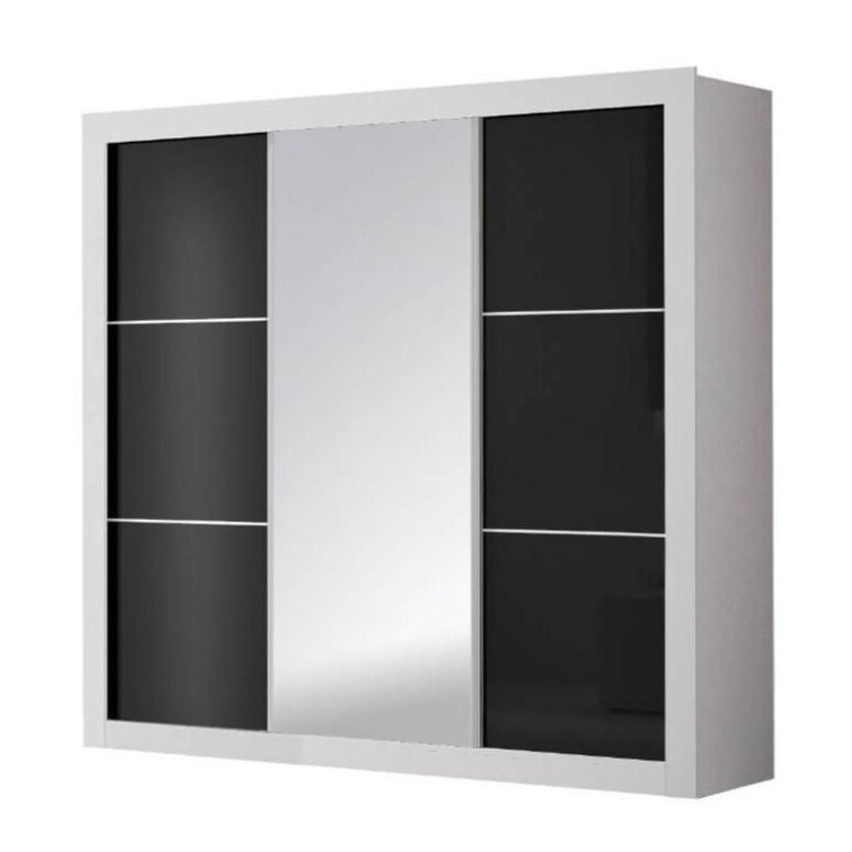 Riko 3-Door Mirrored Sliding Wardrobe 250cm - White Matt & Black Gloss