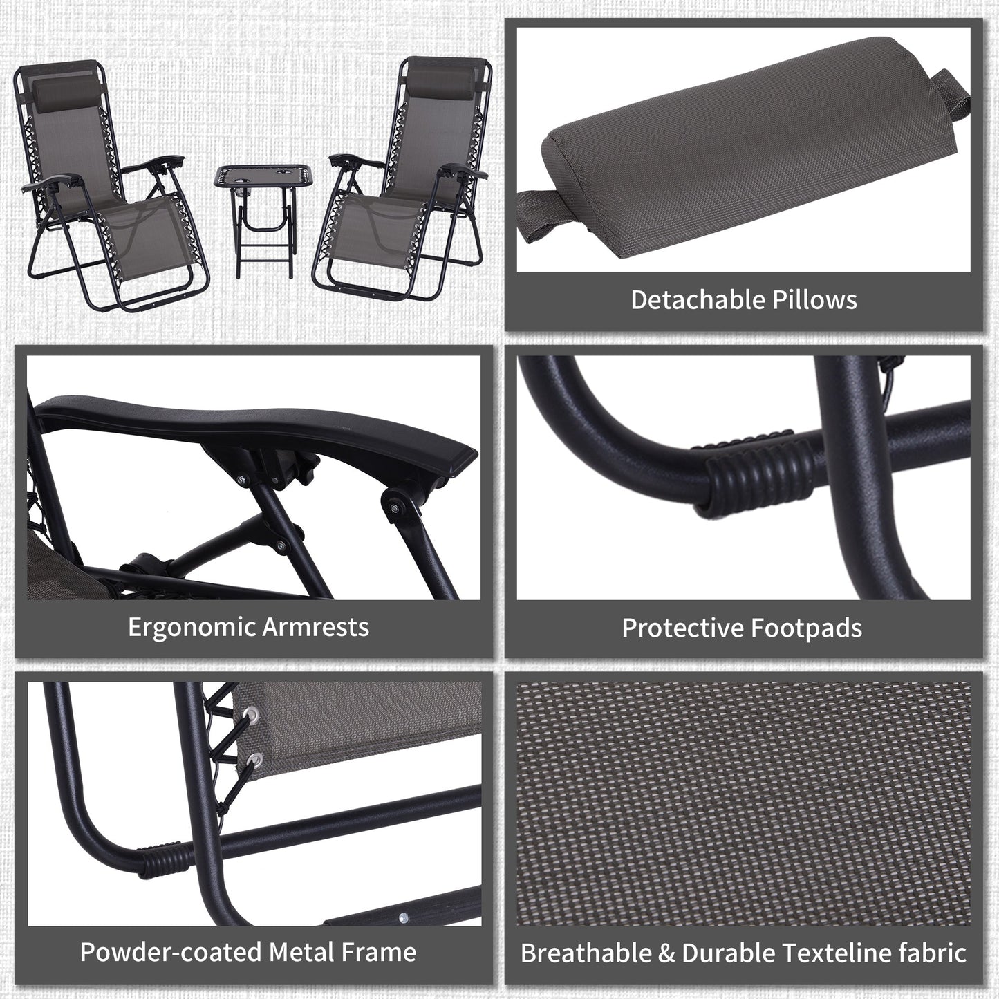 مجموعة من 3 كراسي قابلة للطي خالية من الجاذبية وطاولة استرخاء مع حاملات أكواب وكرسيين متكئين للحديقة وحوض السباحة من Outsunny، باللون الرمادي الداكن