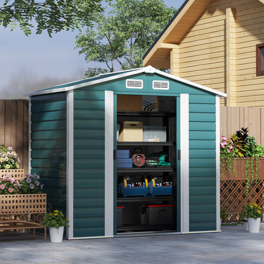 Outsunny 7 x 4ft Garden Shed, łatwy w montażu, ulepszona ocynkowana stalowa rama z zestawem fundamentowym, podwójne drzwi z zamkiem, zewnętrzna metalowa szopa z otworami wentylacyjnymi i rękawicami, ogrodowa szopa magazynowa, zielona