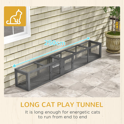 PawHut Cat Tunnel, 250cm Extra Long Wooden Cat Play Tunnel with 8 Doors, L-shape/Rectangle, Outdoor Cat Enclosures, Dark Grey