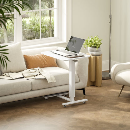 HOMCOM Height Adjustable Standing Desk, Pneumatic Sit Stand Desk for Laptop, Mobile Overbed Table with Wheels for Home Office, White
