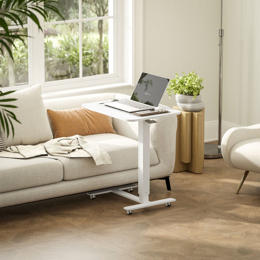 HOMCOM Height Adjustable Standing Desk, Pneumatic Sit Stand Desk for Laptop, Mobile Overbed Table with Wheels for Home Office, White