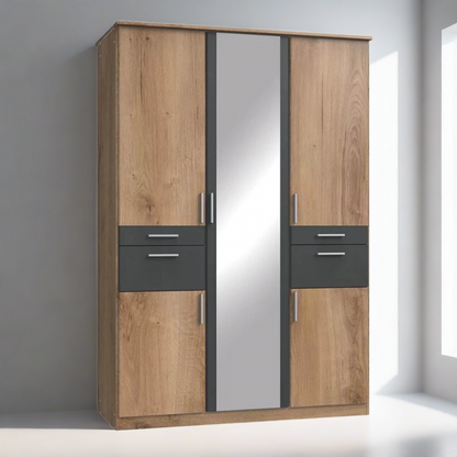 Kodera 3 Door and 4 Drawer Mirrored Wardrobe - Oak