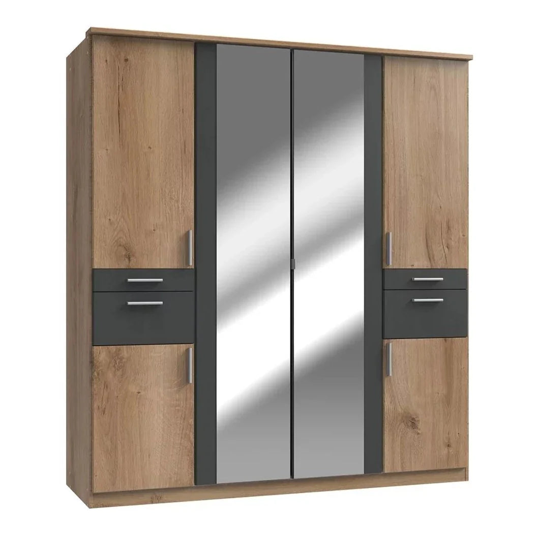 Kodera 4 Door and 4 Drawer Mirrored Wardrobe - Oak