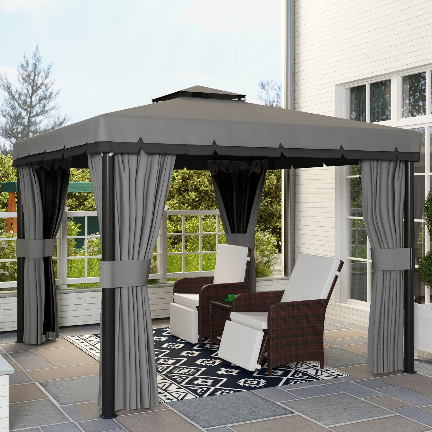 Outsunny 3 x 3(m) Patio Altana Baldachim Pawilon ogrodowy Namiot schronienie namiot z 2-poziomowym dachem, siatką i zasłonami, jasnoszary