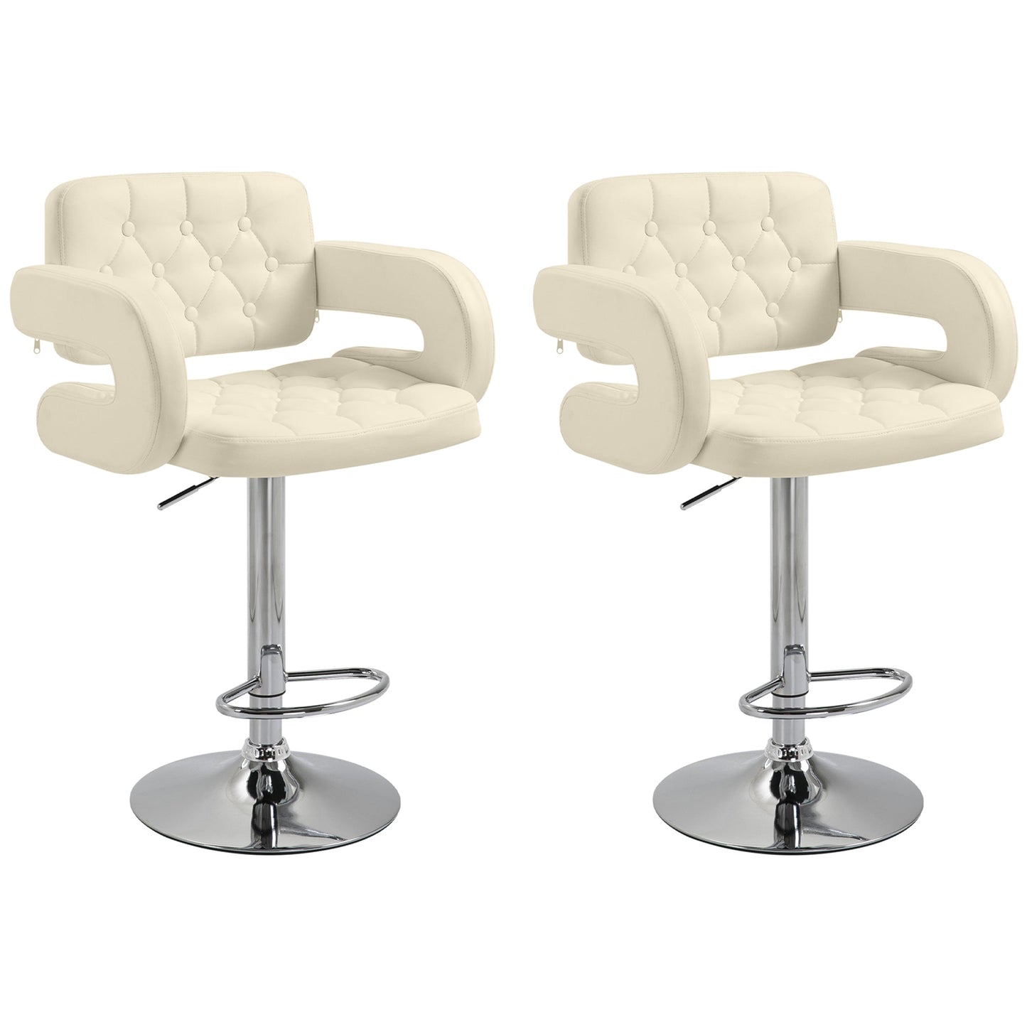 Upholstered Swivel Bar Stool, Set of 2 Height Adjustable Barstool with Back, Armrest, Footrest for Kitchen, White