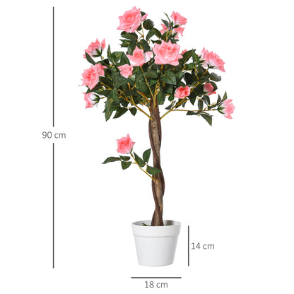 Outsunny Artificial Plants Pink Rose Floral in Pot, Fake Plants for Home Indoor Decor, 90cm
