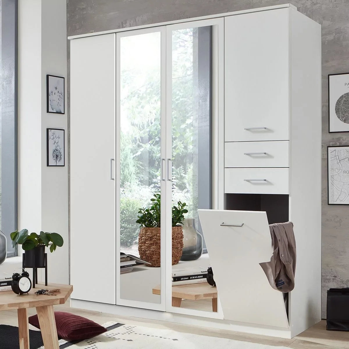 Fresna 4 Door 2 Drawer Mirrored Wardrobe - White