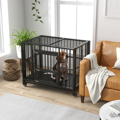 PawHut 43" Heavy Duty Dog Crate, Foldable Dog Cage, with Openable Top, Locks, Removable Tray, Wheels - Black