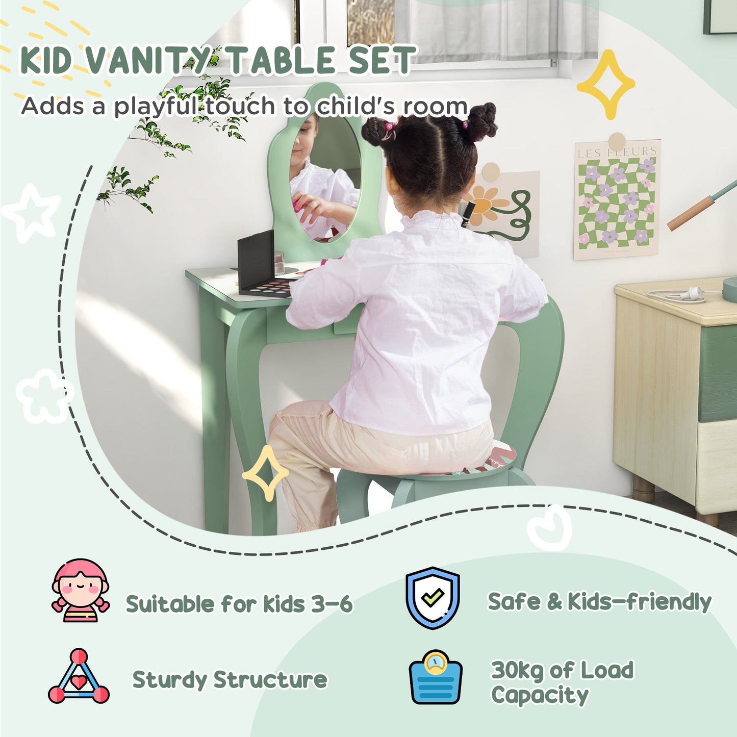 ZONEKIZ Toddler Bed Frame, Kids Dressing Table with Mirror and Stool, Cute Animal Design Kids Bedroom Furniture Set for Ages 3-6 Years, Green