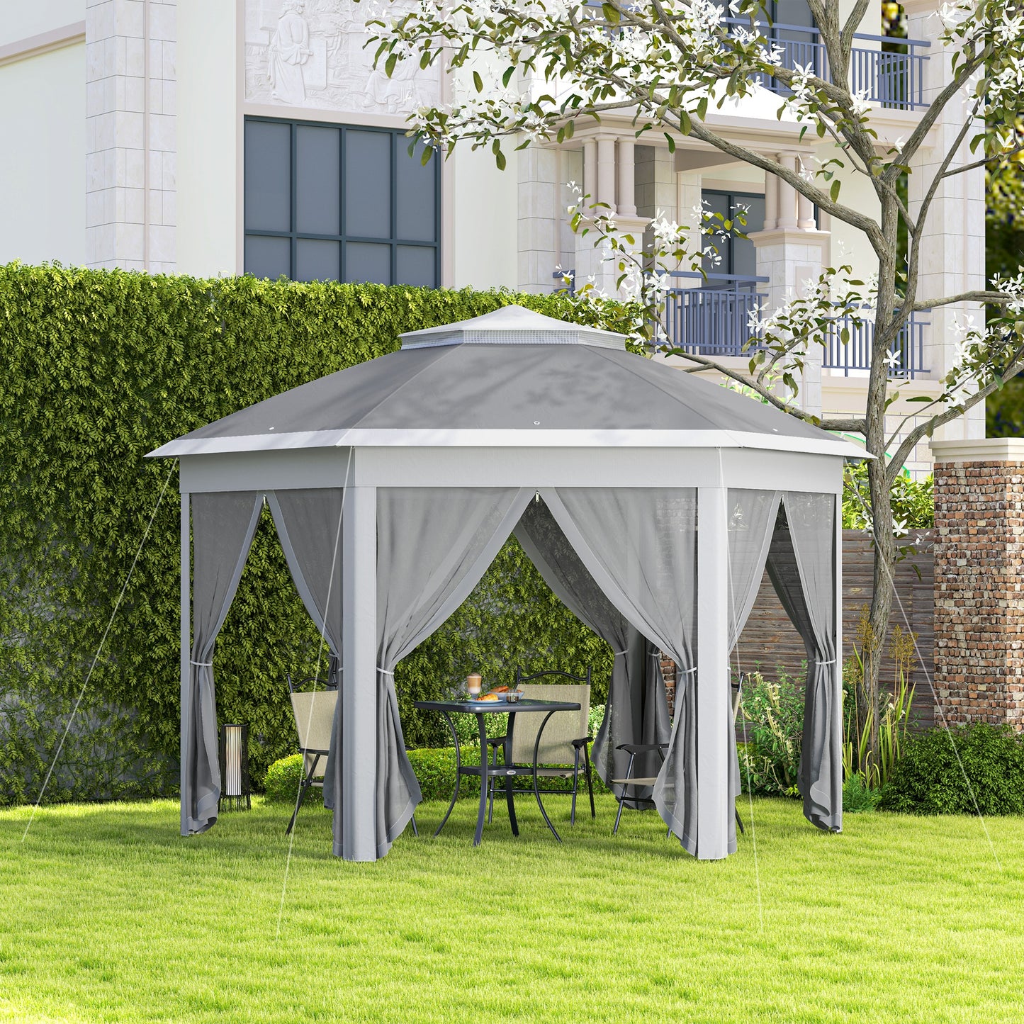 Outsunny 3 x 4m Altana ogrodowa Hexagon Pop Up Altana imprezowa Baldachim Podwójny dach Natychmiastowe schronienie z siatką i torbą transportową na patio na zewnątrz, ciemnoszary