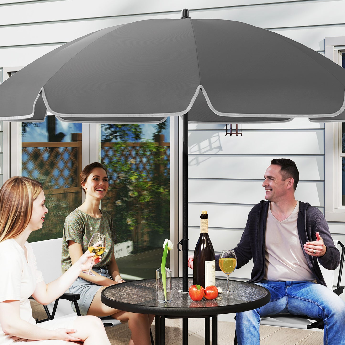 Zestaw mebli ogrodowych Outsunny 4 Seater, 6 elementów, stół ogrodowy i krzesła z parasolem, zestaw jadalny do ogrodu na zewnątrz ze składanymi krzesłami i okrągłym szklanym blatem na patio, kremowo-biały