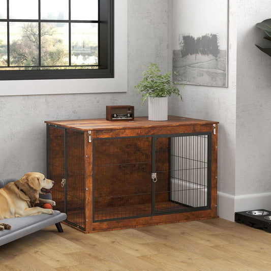 PawHut Dog Crate Furniture z podnoszonym dachem, 2 drzwi, dla bardzo dużych psów, 118 x 75 x 77 cm, rustykalny brąz