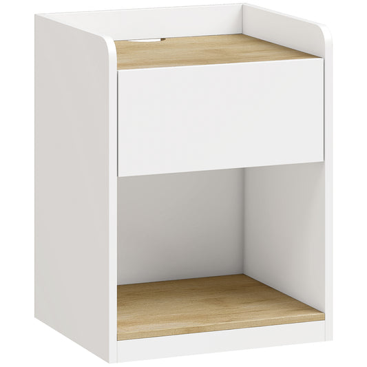 HOMCOM Modern Bedside Table, Slim Nightstand with Drawer, Shelf and Cable Holes, White and Oak