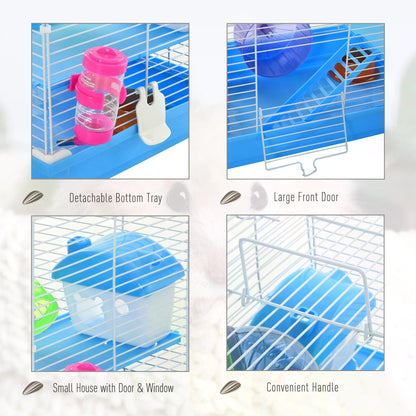 Pawhut 2 Tier Hamster Cage Carrier Habitat Small Animal House with Exercise Wheels Tunnel Tube Water Bottle Dishes House Ladder for Dwarf, Blue