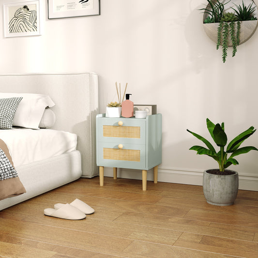 Komoda sypialniana HOMCOM, komoda boho rattanowa z 2 szufladami, szafka do przechowywania do salonu, przedpokoju, przedpokoju, oliwkowa zieleń