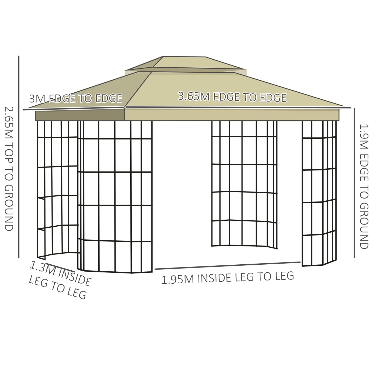 Outsunny 3,7 x 3(m) Patio Altana Baldachim Namiot ogrodowy z 2-poziomowym dachem i moskitierą, metalowa rama, beżowy